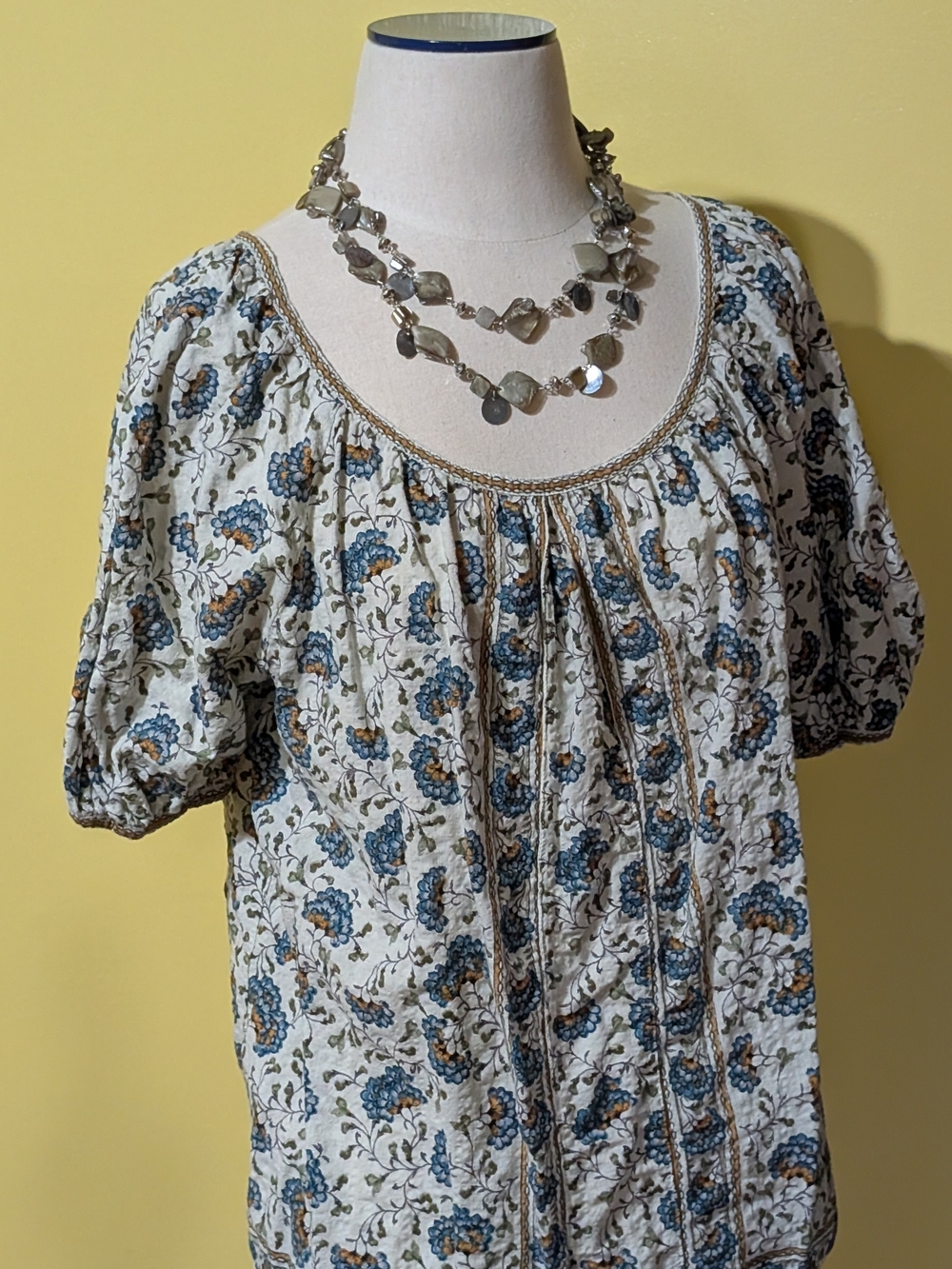 Max Studio Cream Floral Scoop-Neck Peasant Top with Blue Print